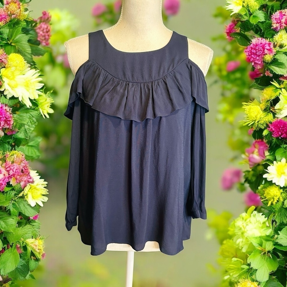 Maeve by Anthropologie Navy Blue ‘Brearly’ Ruffled Cold Shoulder Blouse Size 2
